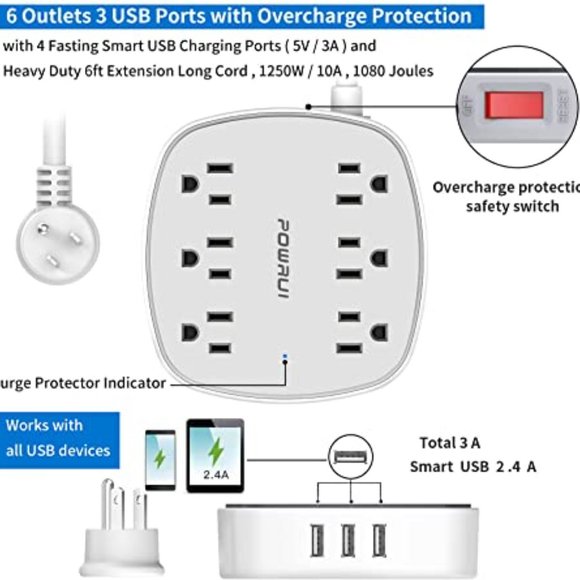 POWRUI Flat Plug Extension Cord with 6 Outlet Extender and 3 USB Ports, 6 Feet - Picture 3 of 7